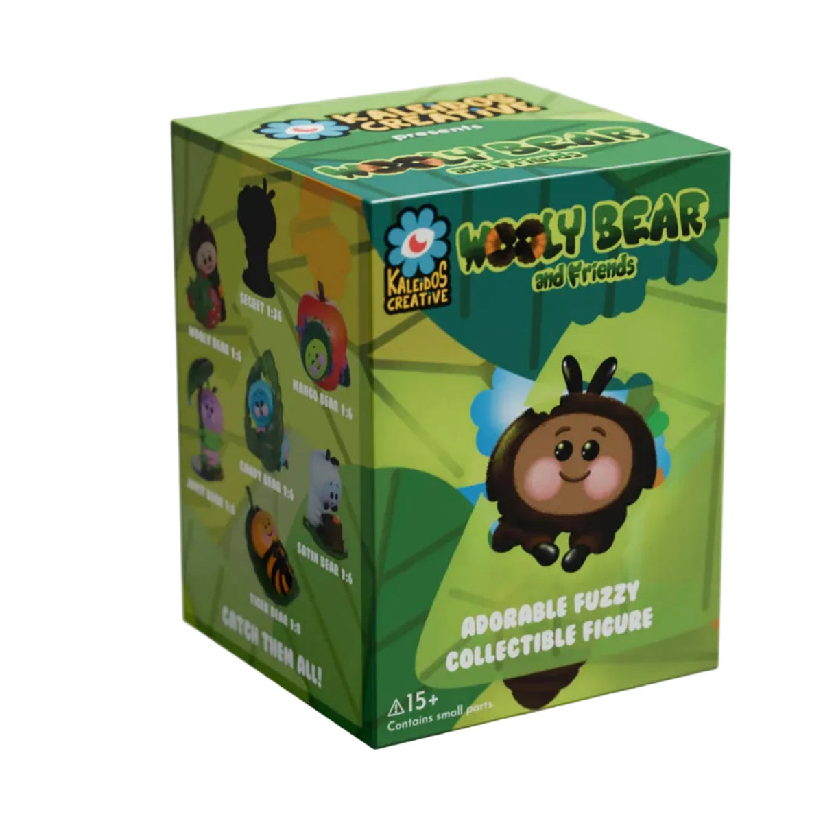 Box of 'Wooly Bear and Friends' collectible figures with dimensions indicated
