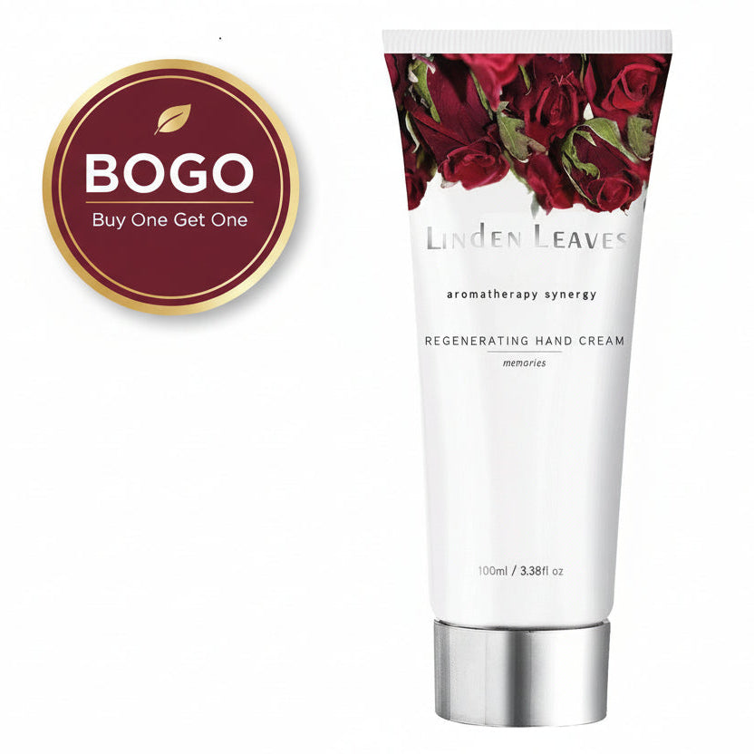Tube of Linden Leaves regenerating hand cream with floral design on a white background