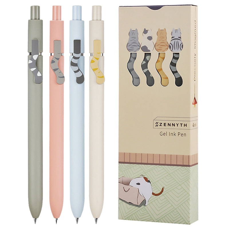 ZENNYTH Cute Cat Tail Click Gel Pen 4-Pack Set – Black Ink Kawaii Press Pen for School, Office & Journaling