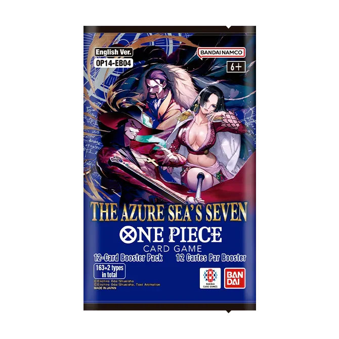 Card game booster pack for 'One Piece' with characters on a blue background