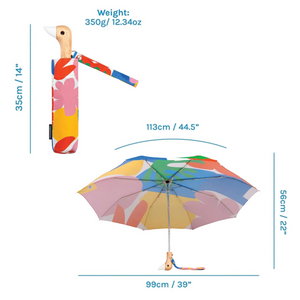Original DuckHead Duck Umbrella Matisse with vibrant art-inspired colors, compact design shown with dimensions.