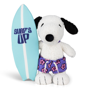 Peanuts Snoopy Surf Dog plush toy holding a surfboard, wearing colorful board shorts, capturing beach vibes.