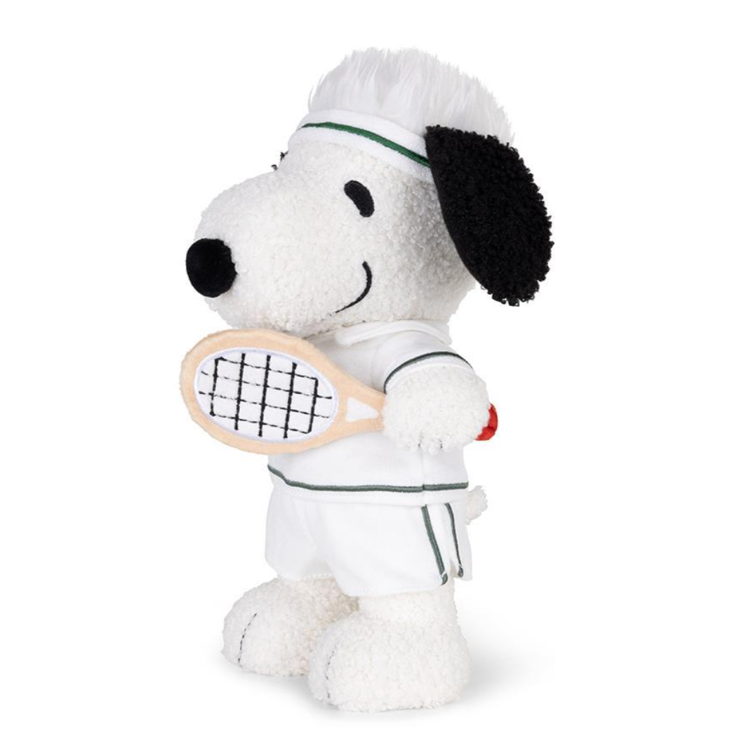 Peanuts Tennis Snoopy plush toy dressed in tennis attire, holding a tennis racket, showcasing a fun and sporty design.