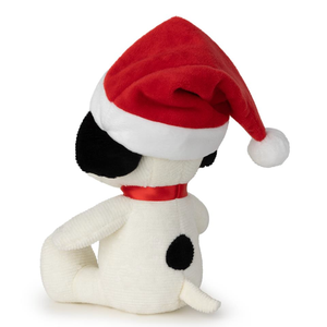 Peanuts Snoopy Sitting with Christmas Hat plush toy wearing a festive Santa hat, perfect for holiday cheer.