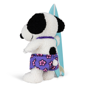 Peanuts Snoopy Surf Dog with surfboard, featuring Snoopy in floral board shorts, perfect for beach-themed collections.