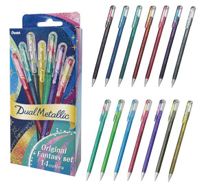 Pentel Dual Metallic 14 Colours Gel Ballpoint Pen Original+Fantasy Set with vibrant colors and glitter effects.