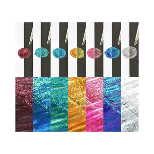 Pentel Dual Metallic 14 Colours Gel Ballpoint Pen Original+Fantasy Set color samples with vibrant glitter effects.