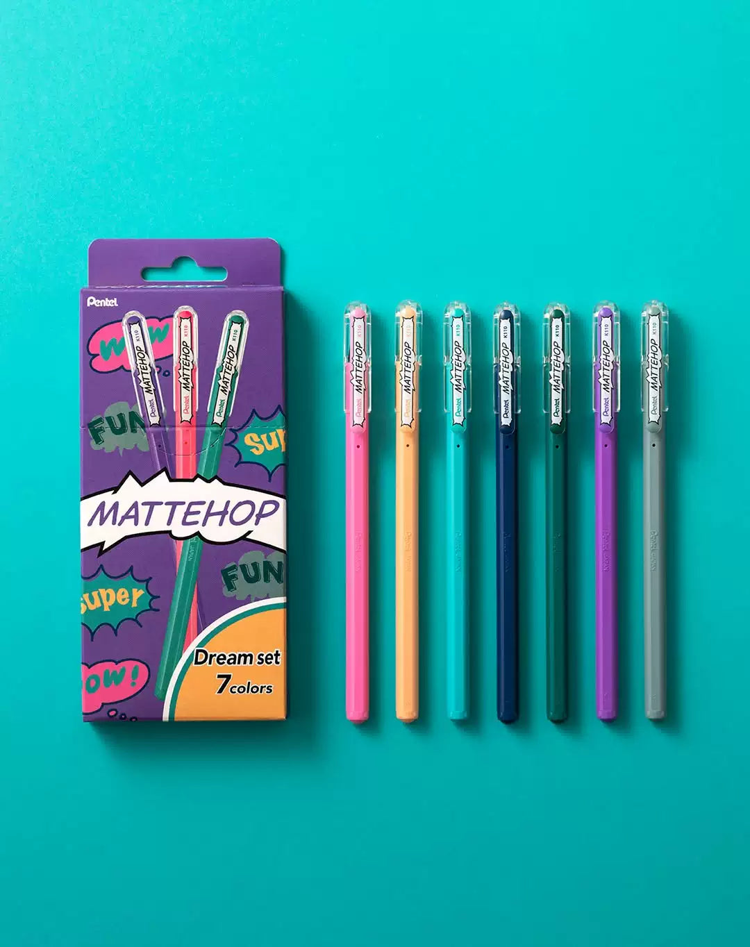 Pentel Mattehop Dream 7 Colours Gel Ballpoint Pen Set displayed with vibrant packaging and seven colorful pens.