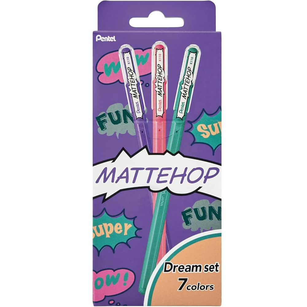 Pentel Mattehop Dream 7 Colours Gel Ballpoint Pen Set packaging showcasing vibrant colors and unique matte finish.