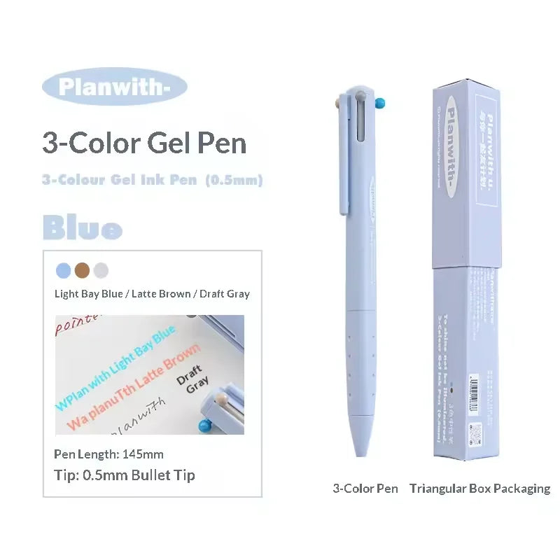 Planwith "Sign" Collection Triangle Multi-color Pen Three-color 0.5mm Gel Pen with blue packaging and bullet tip.