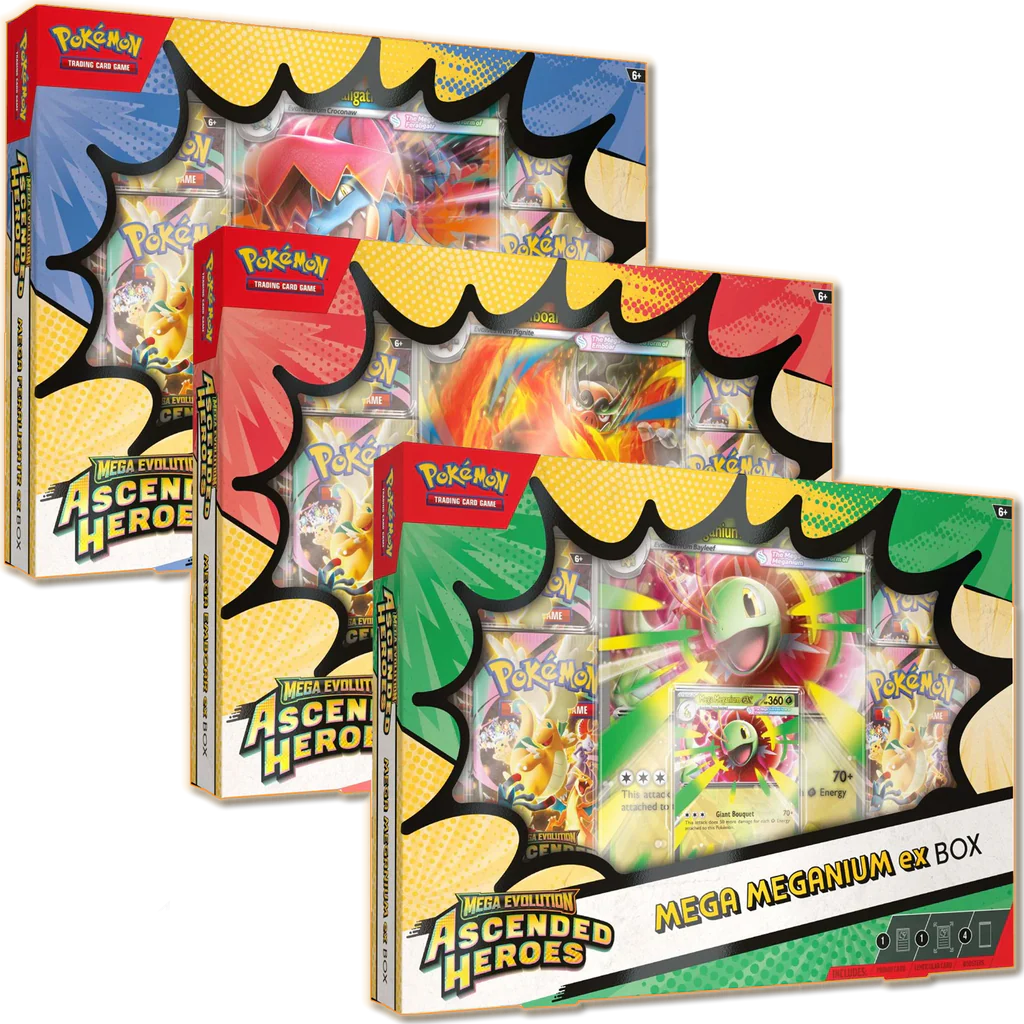 Pokemon TCG Mega Evolution Ascended Heroes ex Box featuring Mega Meganium ex, Mega Emboar ex, and Mega Rayquaza ex.