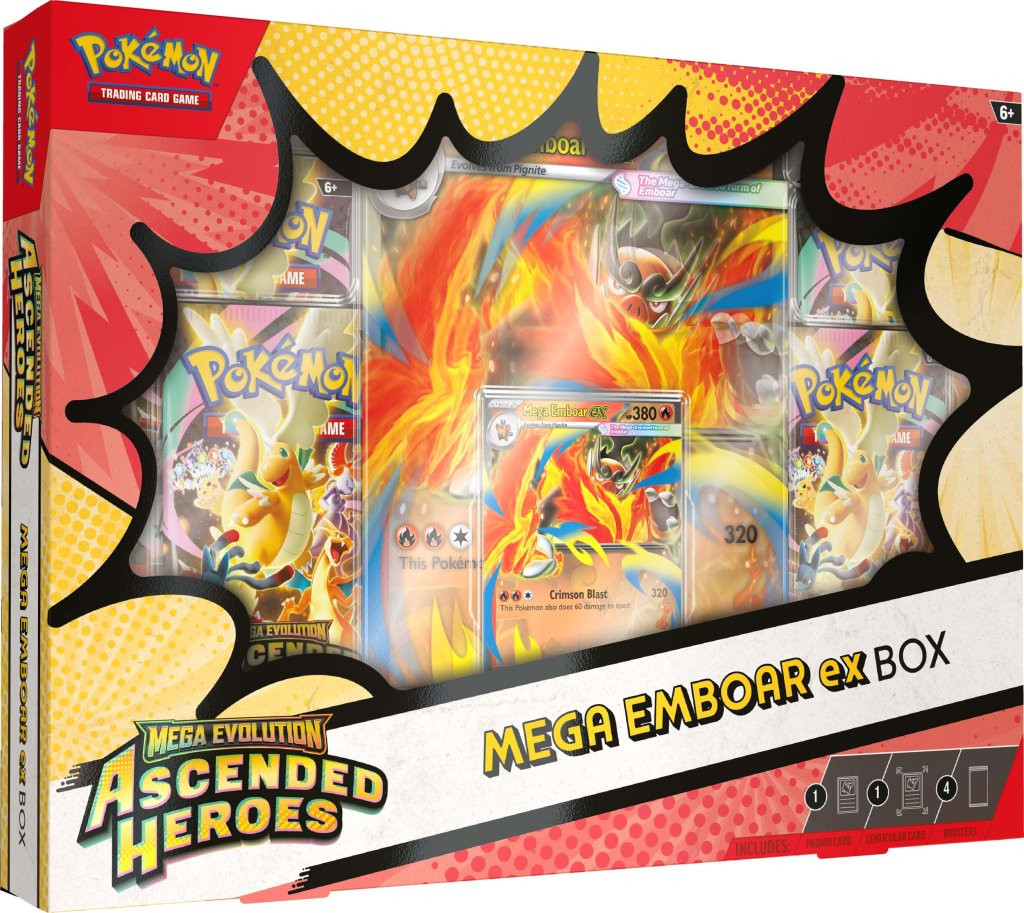 Pokemon TCG Mega Evolution Ascended Heroes ex Box featuring Mega Emboar ex card and booster packs.
