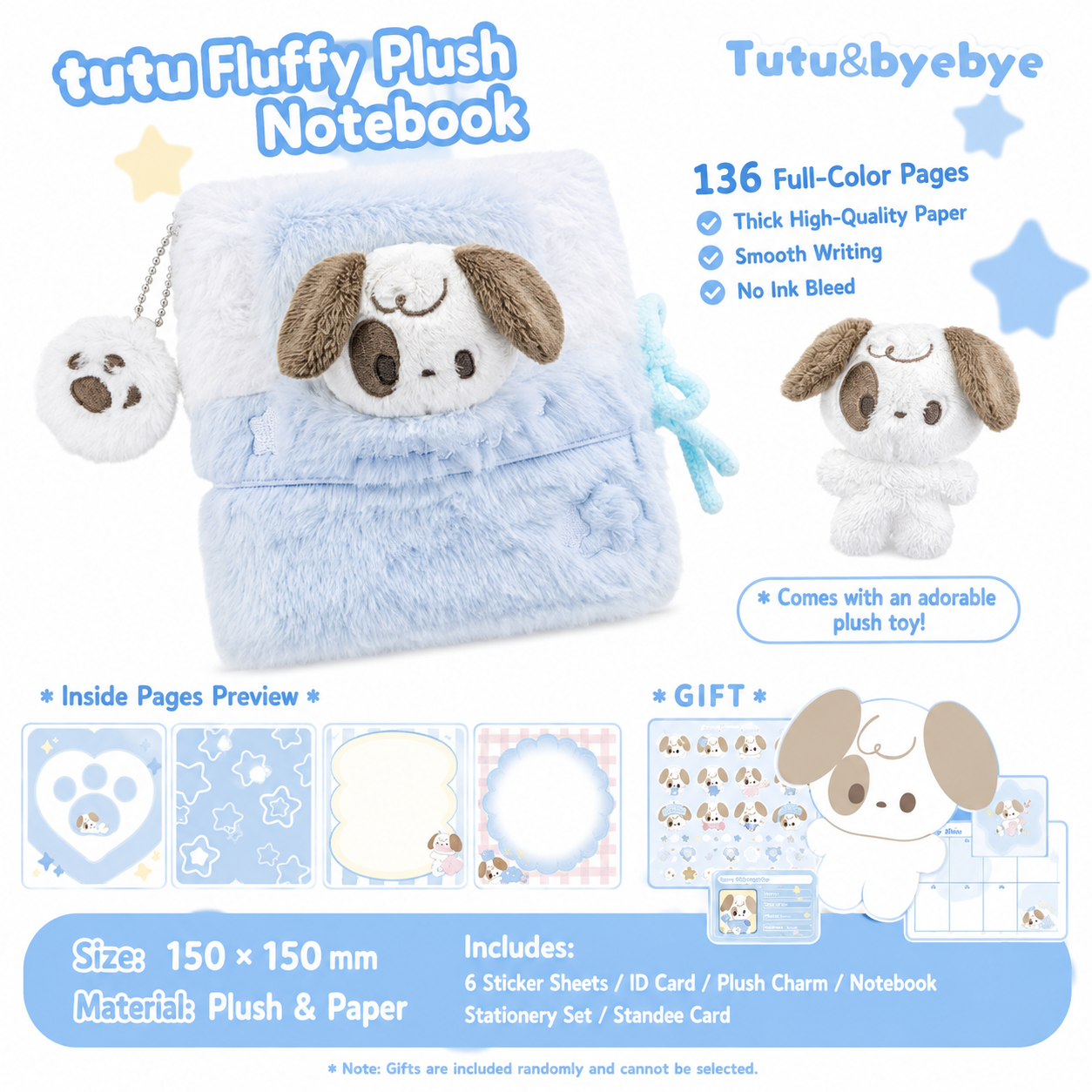 RosyPosy Tutu & Byebye Sleeping Plush Cat & Dog Loose-Leaf Notebook with Plush Cover