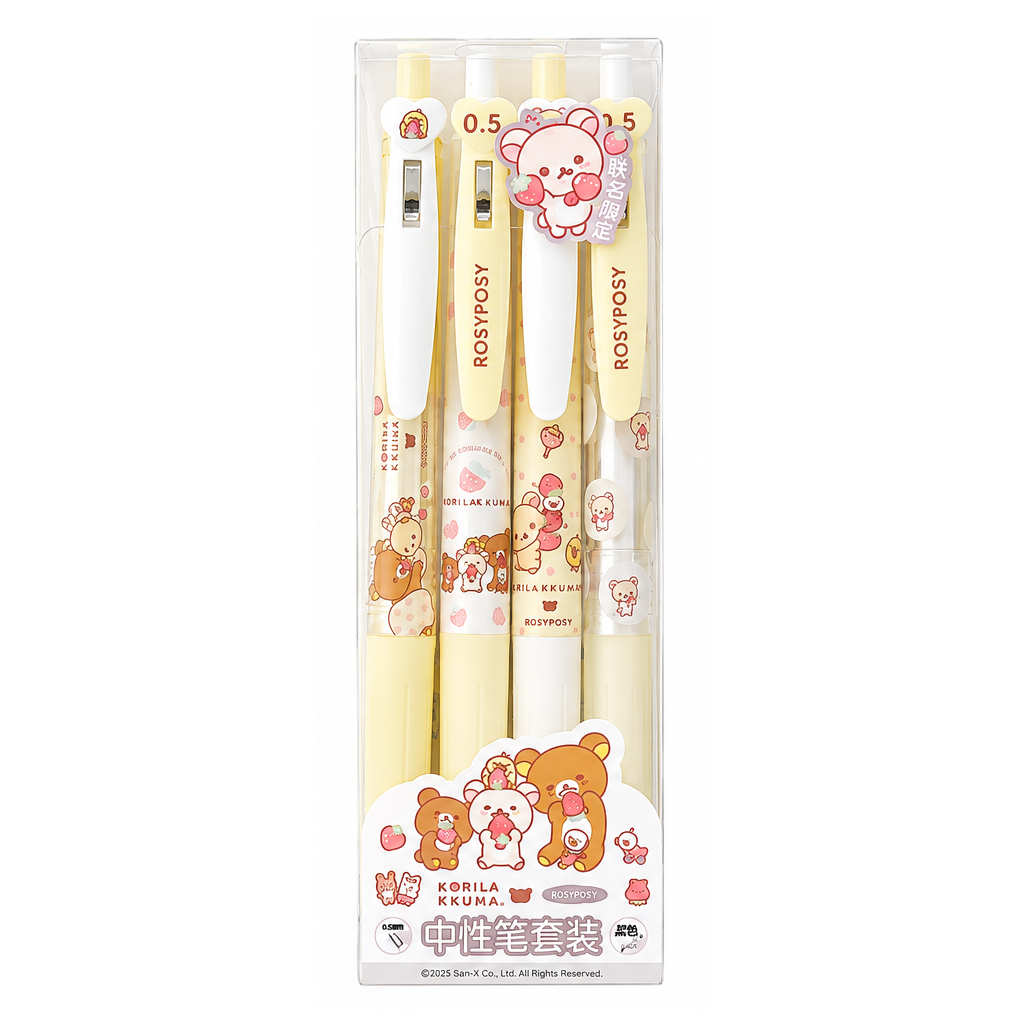 RosyPosy × Korilakkuma Strawberry-themed 0.5mm Black Ink Gel Pen Set - 4 Pack