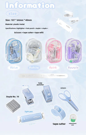 Set of office supplies including hole punch, stapler, scissors, and tape cutter on a light blue background.