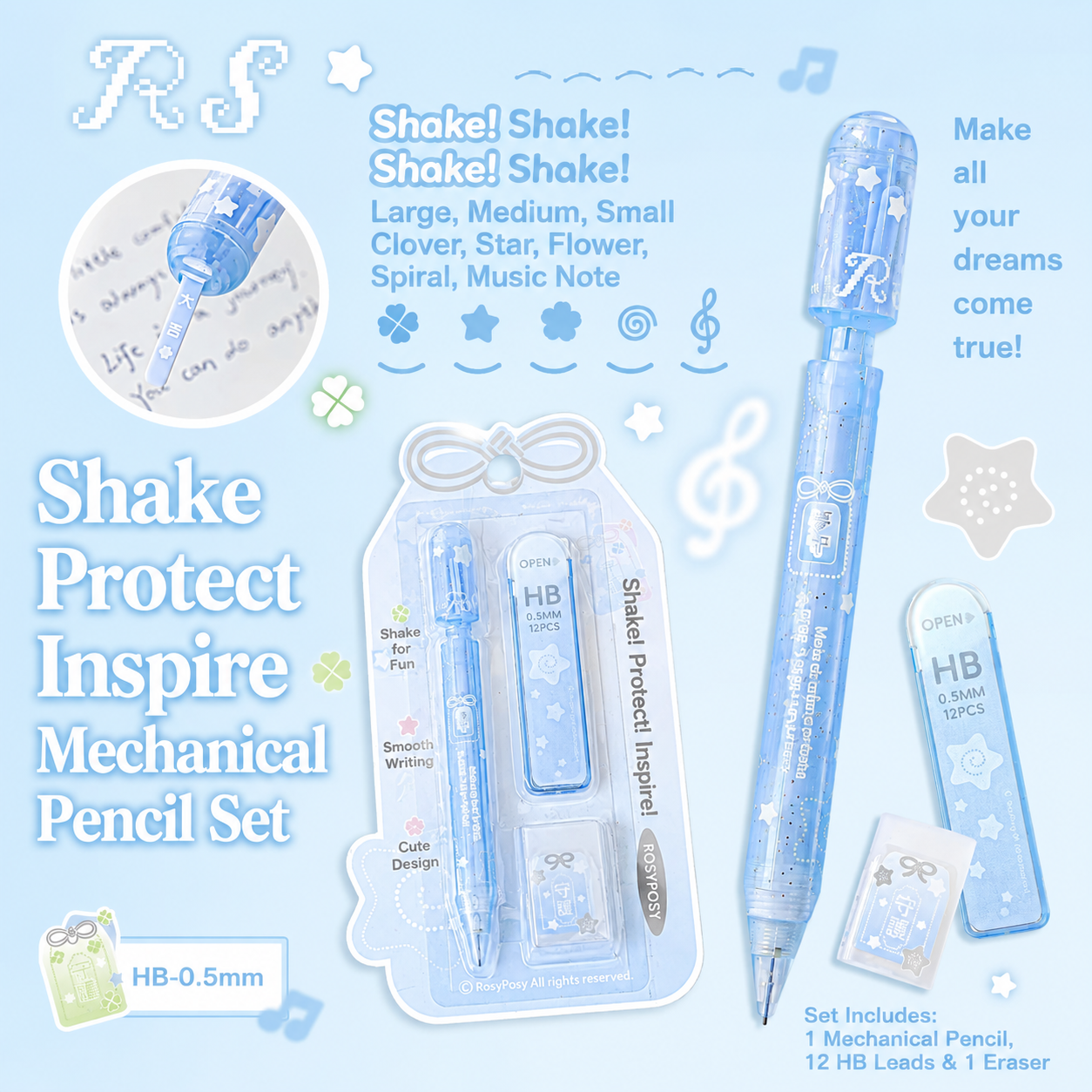 RosyPosy Cute 3-Piece Mechanical Pencil Set – 0.5mm Pencil with HB Lead Refills & Eraser