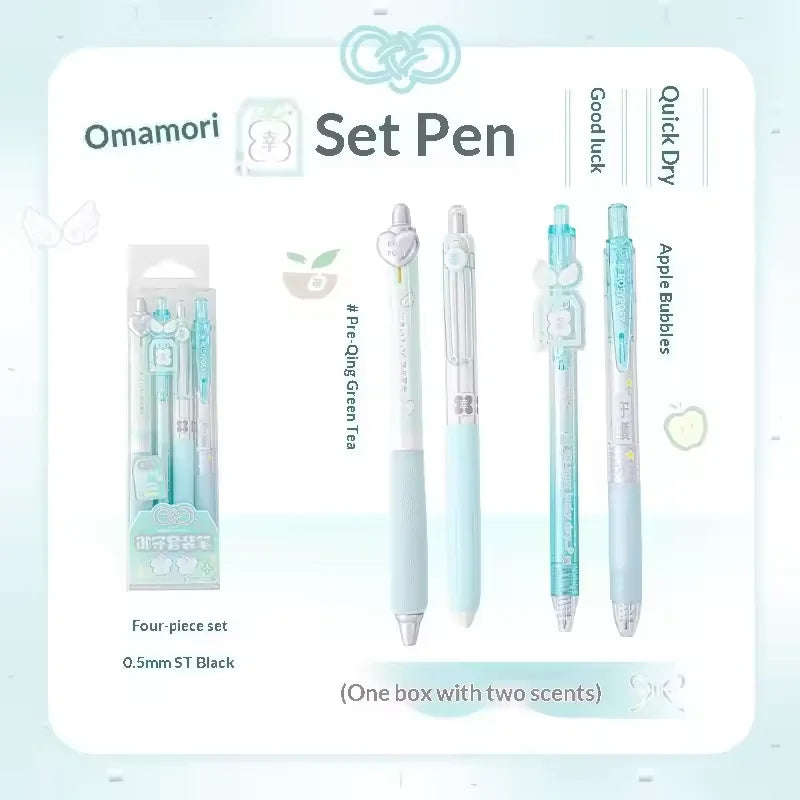 RosyPosy “Omamori ” Collection Scented Pen 0.5mm 4Pcs displayed with packaging and scents.