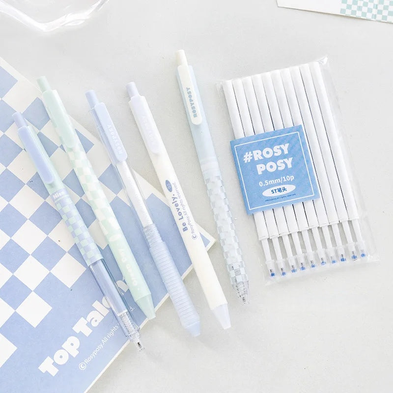 RosyPosy ST Gel Pen Refill Replacement Set 0.5mm*10 displayed with various pens and notebooks.
