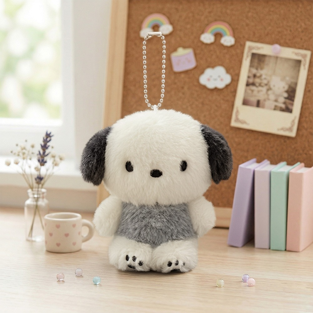 Sanrio Pochacco Monochrome Plush Mascot Keychain Charm featuring a cute soft dog design in grey and white.