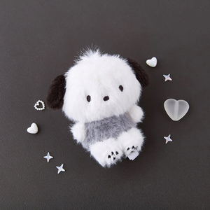 Sanrio Pochacco Monochrome Plush Mascot Keychain Charm surrounded by decorative stars and hearts.