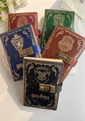 Set of Harry Potter-themed notebooks with locks on a light background