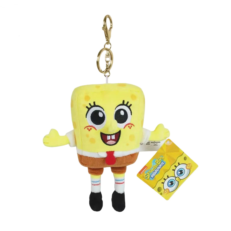 SpongeBob SquarePants plush keychain featuring the yellow character with a gold clasp, shown with a small SpongeBob tag on a light gray background.