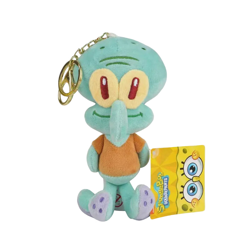 SpongeBob Squarepants Squidward plush keychain with a gold key ring, shown with its yellow SpongeBob character tag on a light gray background. The SpongeBob logo is visible in the top-left corner.