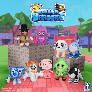 Steal A Brainrot Mystery Collectible Plush Blind Box characters displayed in a colorful Roblox-inspired environment.