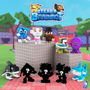 Steal A Brainrot Mystery Mini Figure Blind Bag display with various mini figures and mystery silhouettes.
