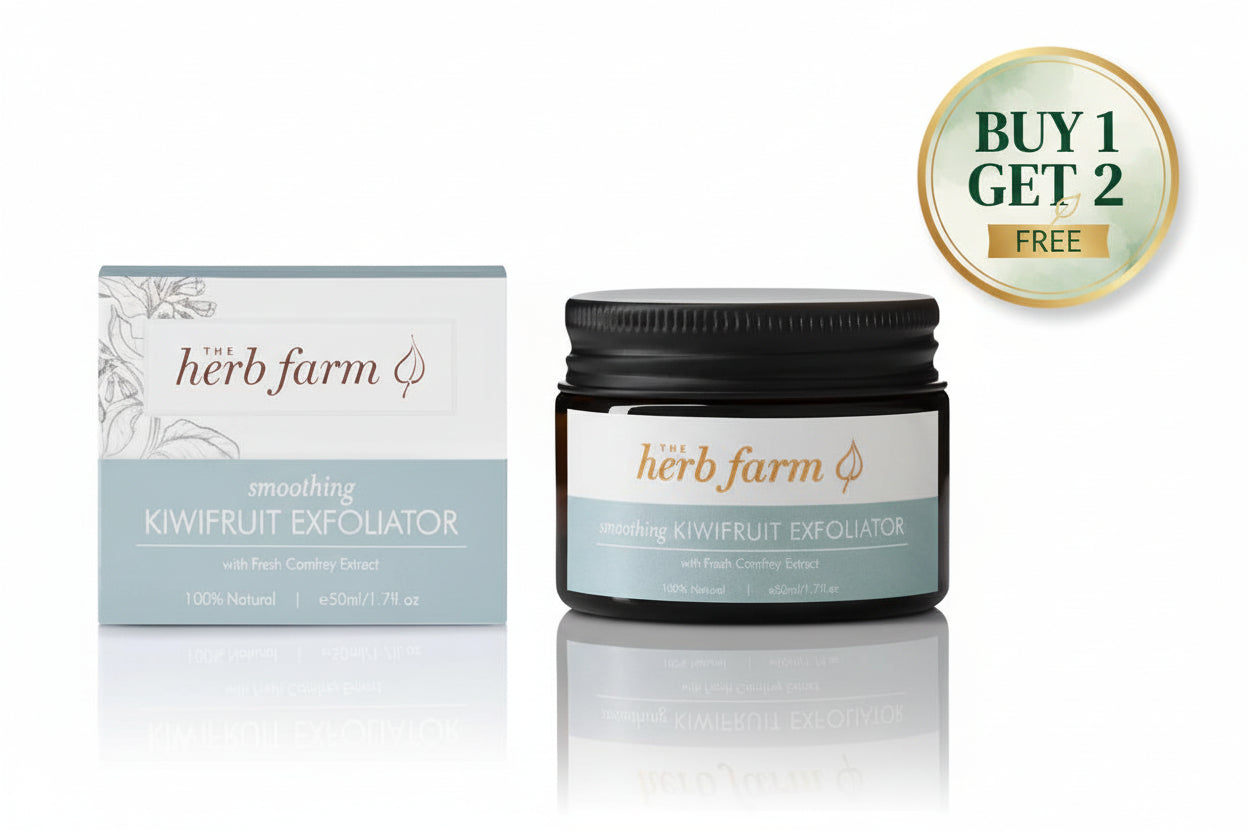 The product image shows two packages of The Herb Farm Smoothing Kiwifruit Exfoliator. On the left is a sachet with a white and blue design, and on the right is a jar with a black lid and a label with the product name and description.