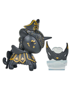 Tokidoki Unicorno After Dark Masquerade Blind Box figure in black and gold with detachable accessories.