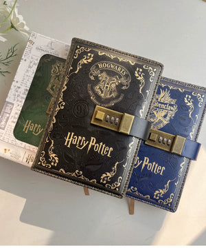 Two Harry Potter-themed lockets with Hogwarts crest on a light surface.