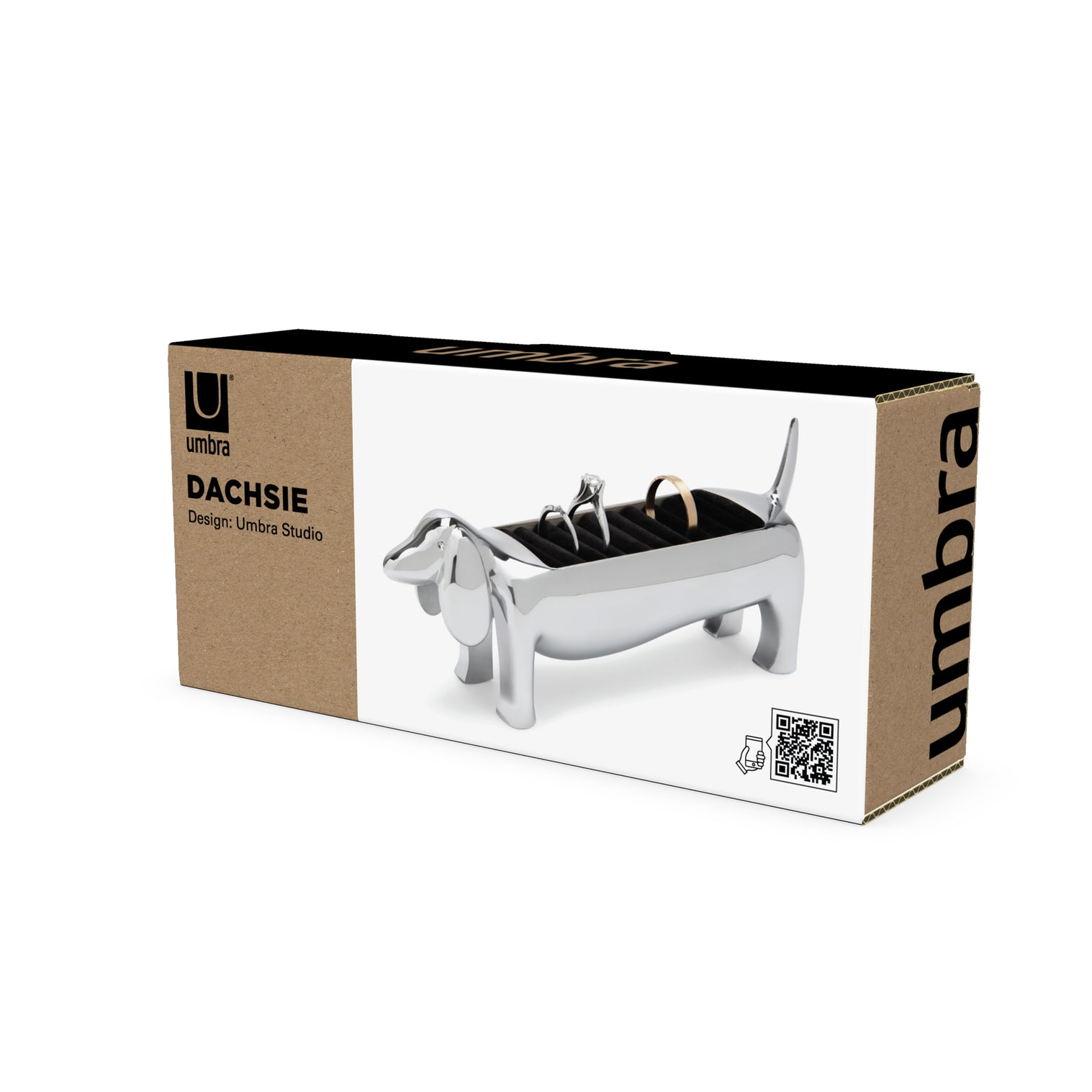 Umbra Dachsie Ring Holder in stylish packaging, features a shiny chrome dachshund design for functional decor.