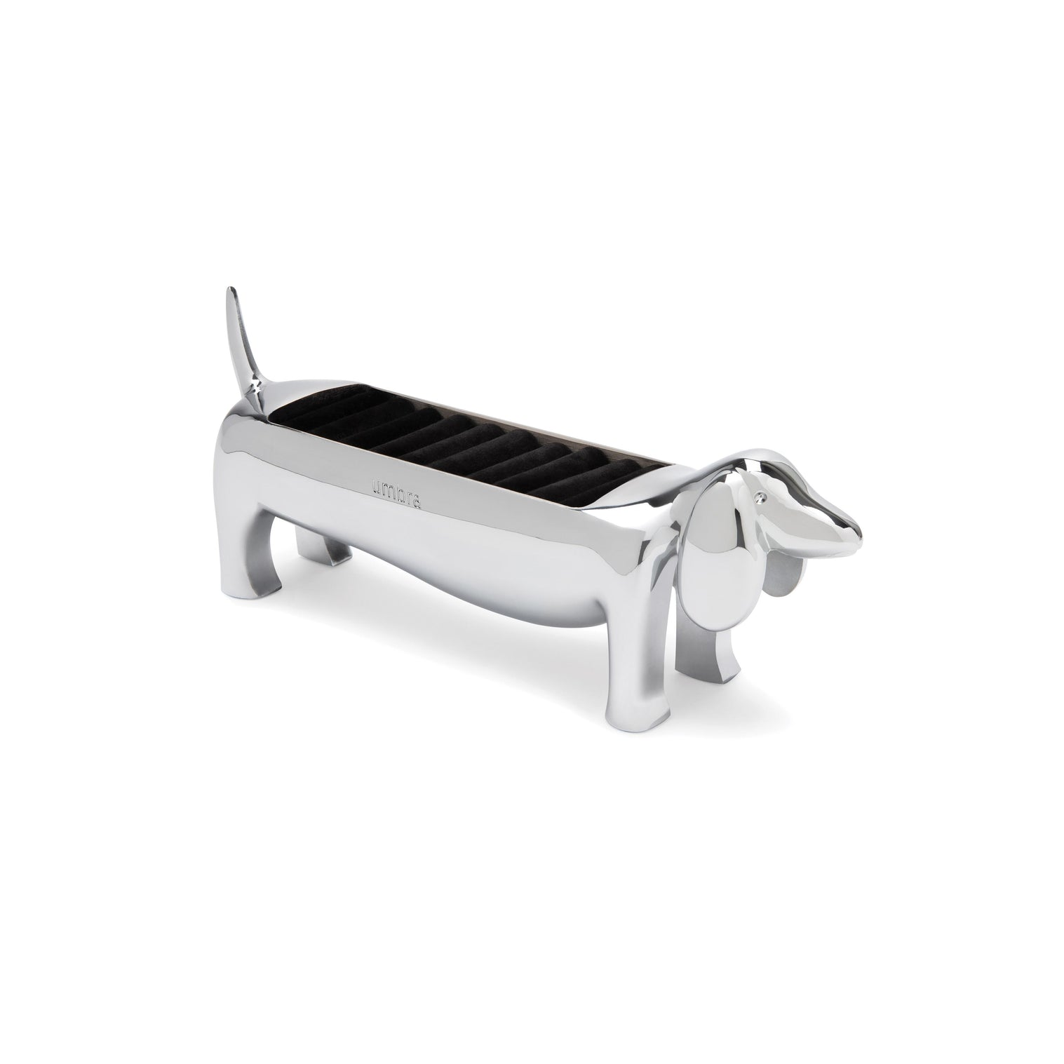 Umbra Dachsie Ring Holder in shiny chrome finish designed like a dachshund, perfect for stylish decor and ring storage.