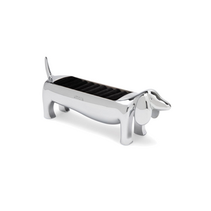 Umbra Dachsie Ring Holder in shiny chrome finish designed like a dachshund, perfect for stylish decor and ring storage.