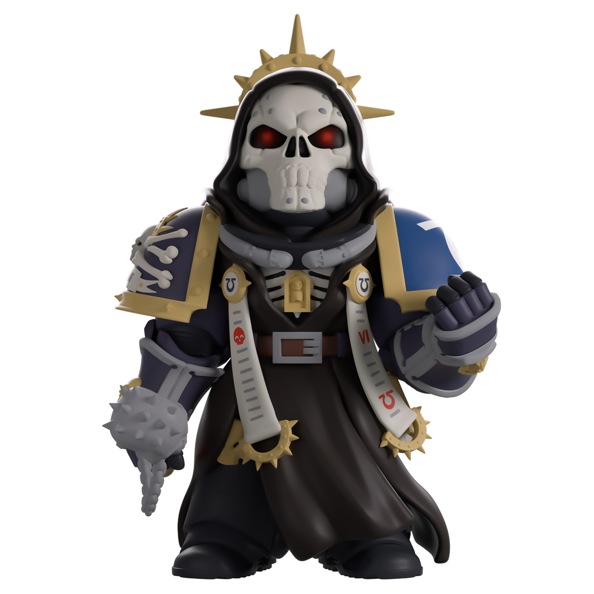 Youtooz Warhammer 40K Space Marine 2 - The Chaplain Vinyl Figure in a dynamic pose, featuring skull mask and crozius mace.