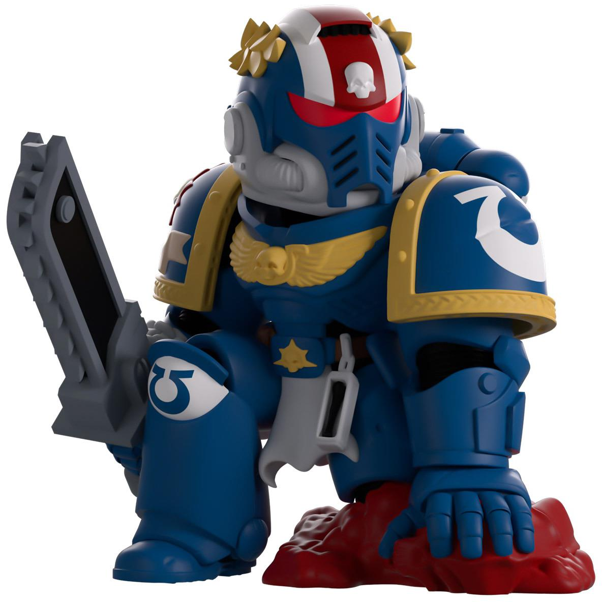 Youtooz Warhammer 40K Space Marine 2 - Ultramarines Titus Vinyl Figure in dynamic combat pose with chainsword.