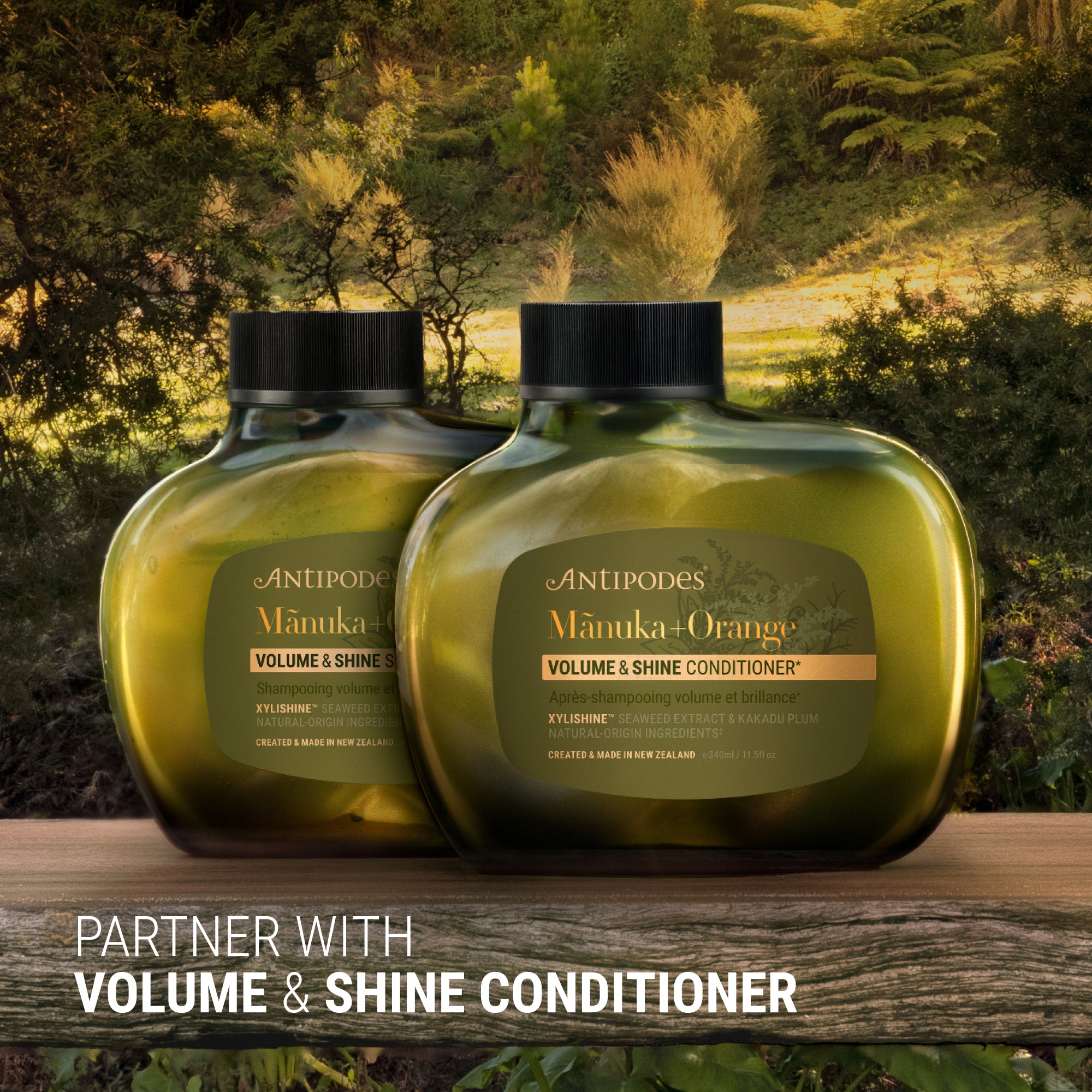 Two bottles of Antipodes Manuka & Orange Volume & Shine Conditioner on a wooden surface with a natural background.