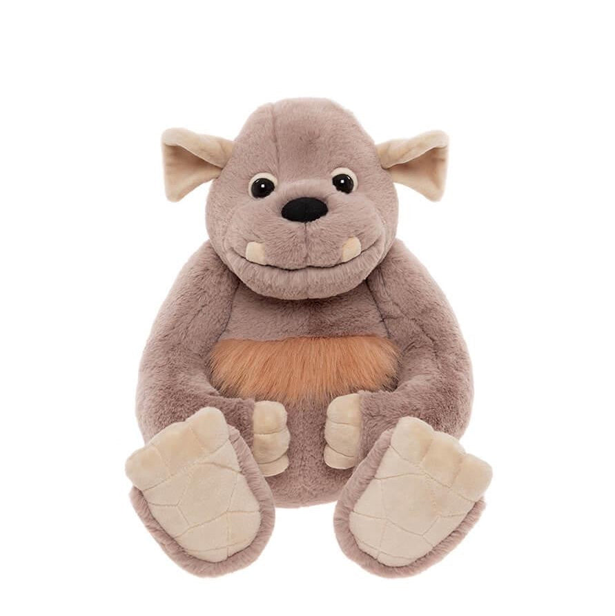 Plush toy resembling a bear with a brown body and beige paws on a white background