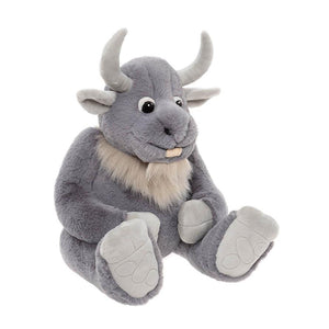 Gray plush toy with horns on a white background