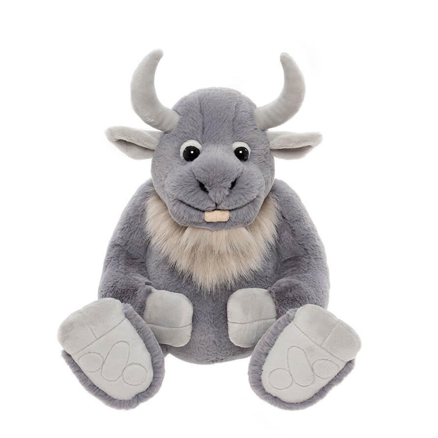 Gray plush toy with bull-like features on a white background