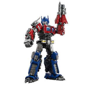 Toy robot figure with red, blue, and black colors on a white background