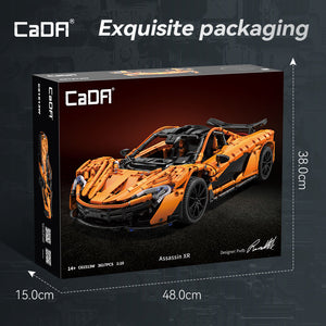 CaDA brand packaging of a toy car model with dimensions displayed