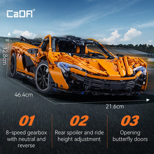 Orange toy car model with features highlighted on a track background