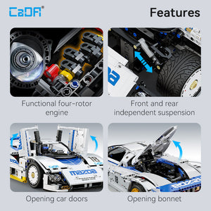 Model car set with features including a four-rotor engine, independent suspension, open doors, and bonnet.