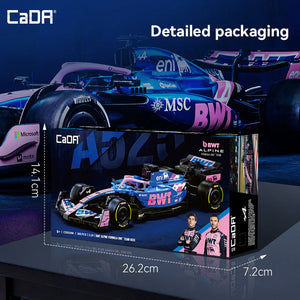 CaDA 1:24 Alpine F1 A525 Brick Model Kits packaging illustration featuring BWT Alpine racing details.