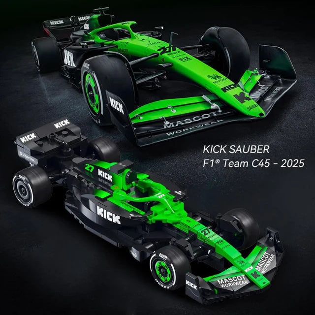 Green and black F1 car model with 'KICK' branding on a dark background