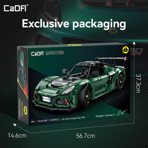 CaDA Master green sports car model packaging with dimensions on a dark background