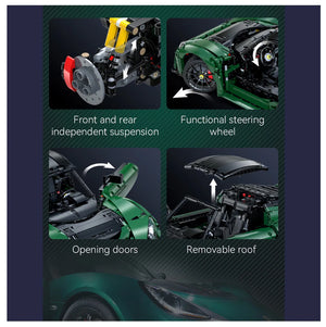 Collage of toy car features including suspension, steering wheel, doors, and roof on a dark background.