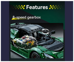 Car model with open hood displaying an 8-speed gearbox, on a dark blue background with 'Features' text.